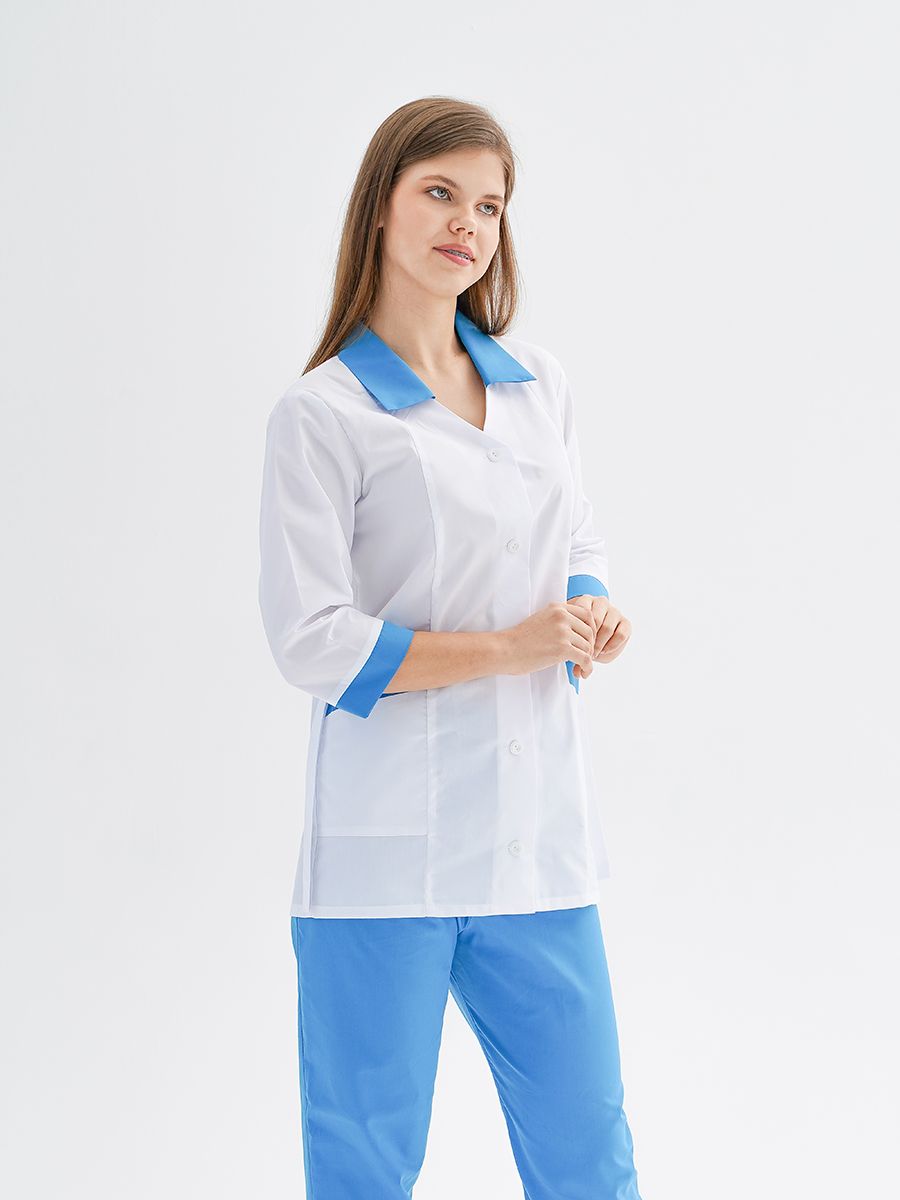 Костюм медицинский женский, белый с голубым на пуговицах,размер 44-46, рост 170-176,рубашка и брюки